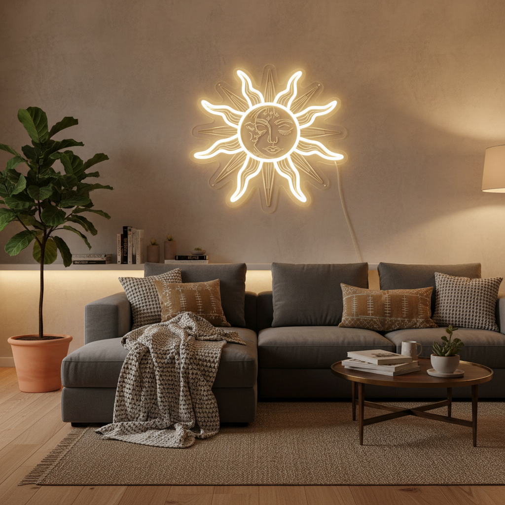 Bohemian Sun and Moon Neon Sign – Retro LED Wall Light with Burning Sunflower Design for Bedrooms, Living Rooms and Artistic Home Decor