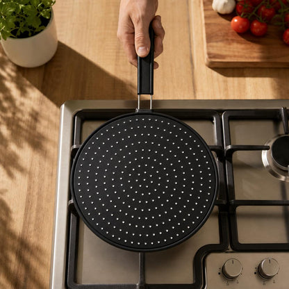 Silicone Kitchen Splatter Screen – Heat-Resistant Oil Splash Guard with Handle and Drain Board Function for Safer, Cleaner Frying and Cooking