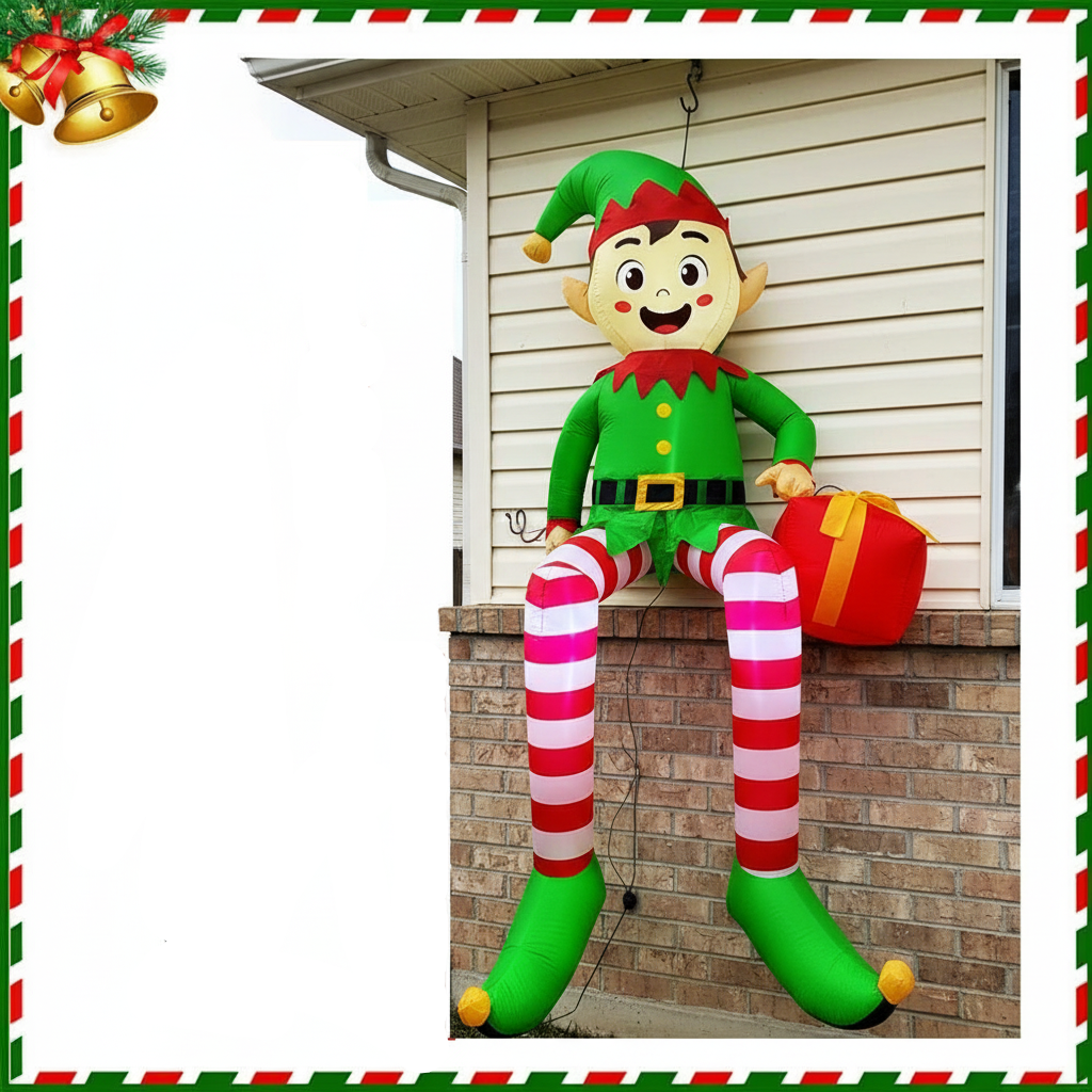 LED Christmas Inflatable Sitting Elf – 2.5M Lighted Outdoor Garden Decoration with Gift Pack, Yard Holiday Decor Model for Parties