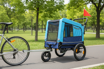 Foldable Heavy-Duty Dog Stroller Trailer – Blue Steel Frame & Polyester Pet Carrier for Outdoor Bicycle Travel, Supports 220lbs with Secure Mesh Enclosure