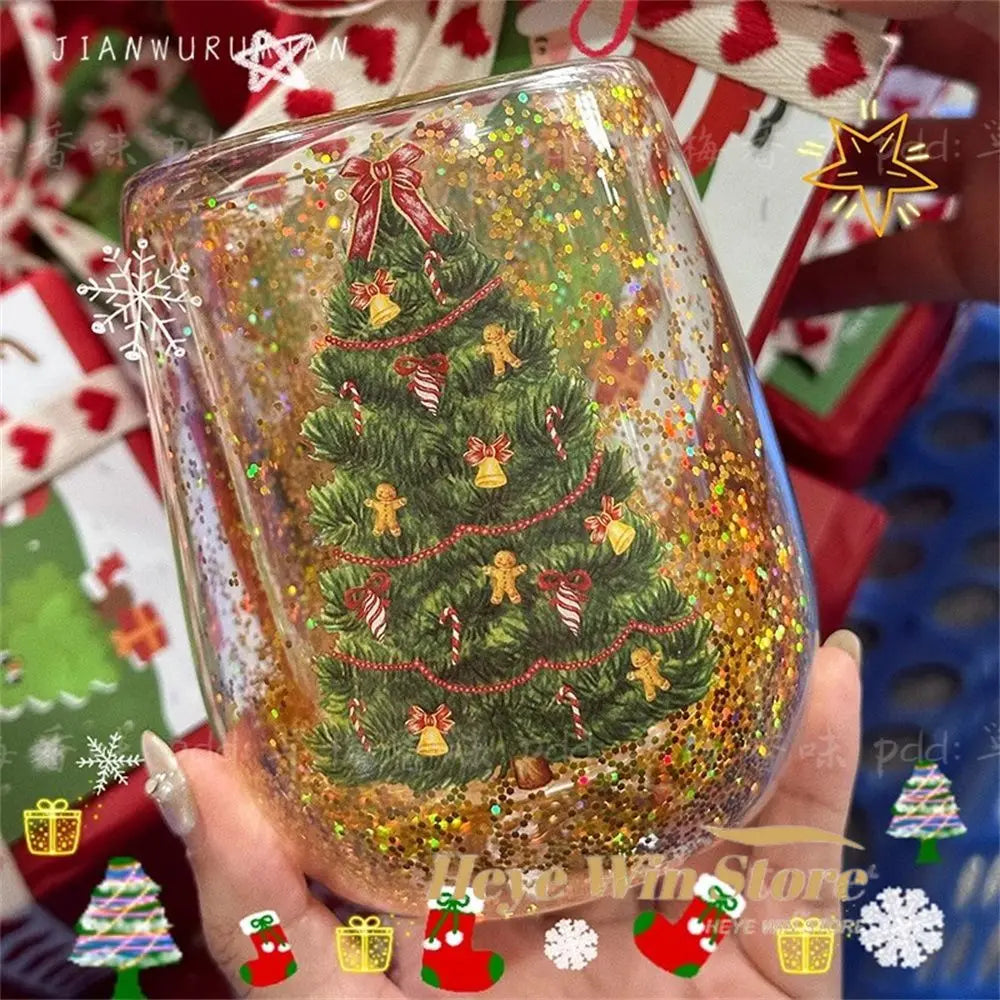 Christmas Double-Layer Glass Cup – Heat-Resistant Tree Mug for Coffee, Milk & Water, Cute Holiday Gift for Friends, Girls & Festive Kitchen Décor
