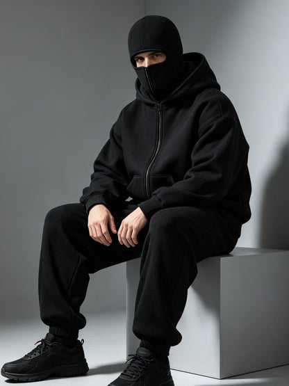 Unisex Windproof Double Hood Sweatshirt – Full Zip Loose Streetwear Coat for Autumn Winter, Casual Layering and Cold Weather Protection