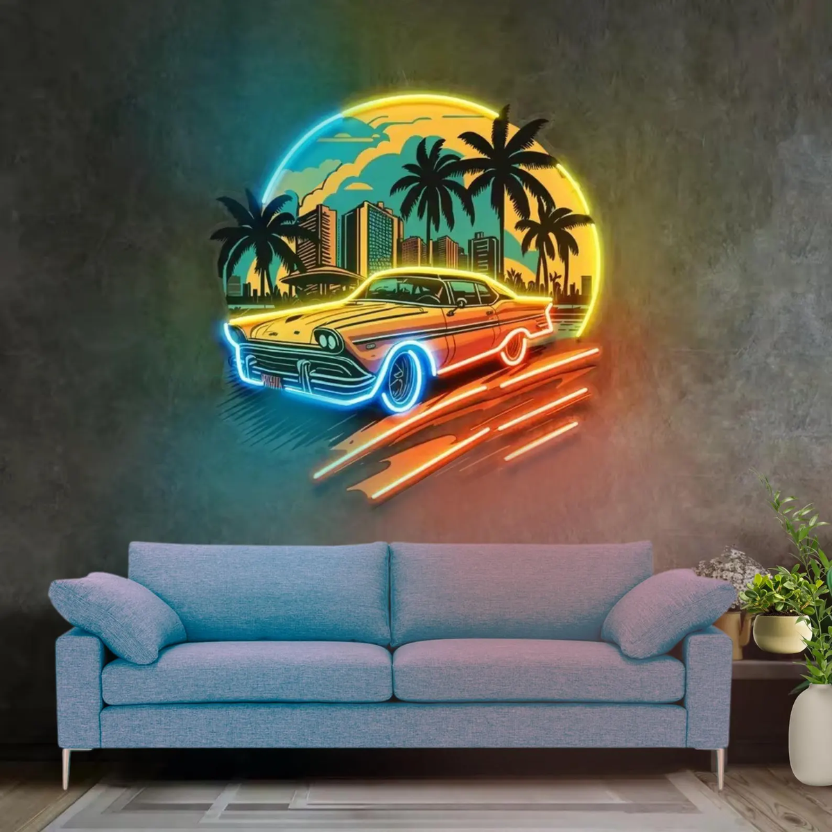 Car Sunset Neon Sign – UV-Printed LED Wall Art for Boys Bedrooms, Game Rooms, Bars and Man Caves with Scenic Night Glow