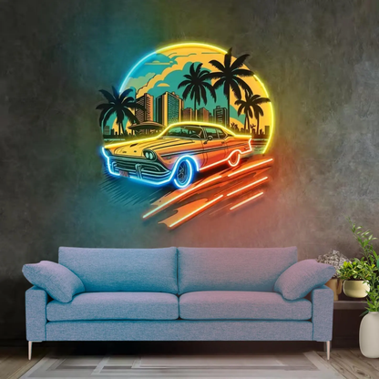Car Sunset Neon Sign – UV-Printed LED Wall Art for Boys Bedrooms, Game Rooms, Bars and Man Caves with Scenic Night Glow