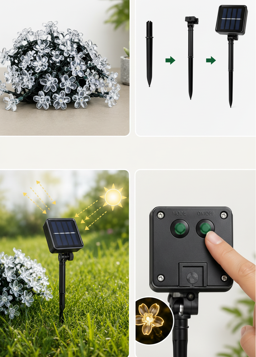 Cherry Blossom Solar String Lights – Romantic Outdoor Fairy Lighting for Gardens, Patios, Balconies, Weddings, Parties and Warm Decorative Ambience