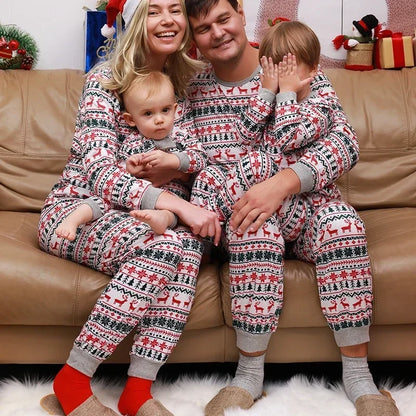 Christmas Family Matching Pajamas – Allover Print Two-Piece Sets for Parents and Kids with Baby Romper, Holiday Sleepwear Ensemble