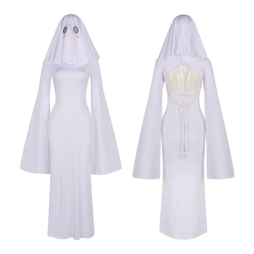 Anime Ghost Bride Costume – Cute White Fitted Dress with Mask for Women, Halloween Carnival Cosplay, Parties and Spooky Character Styling