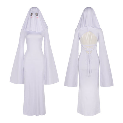 Anime Ghost Bride Costume – Cute White Fitted Dress with Mask for Women, Halloween Carnival Cosplay, Parties and Spooky Character Styling