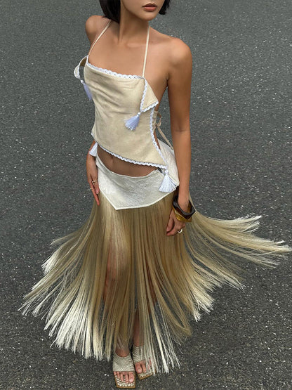 Kliou Halter Crop Top and Maxi Skirt Set – Sexy Backless Bandage Outfit with Tassel Details for Elegant Party Styling