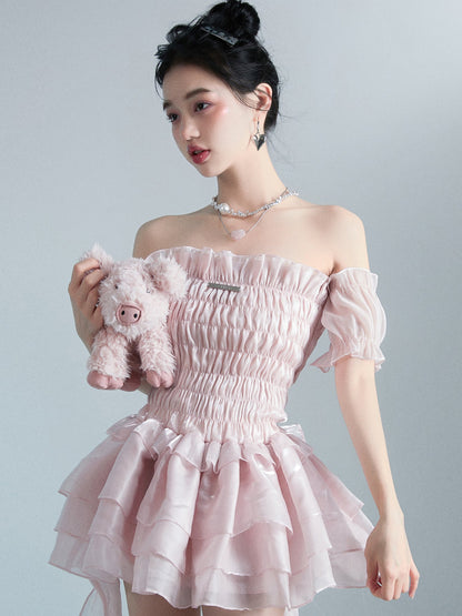 Smoked Rose Strapless Mini Dress – Fluffy Retro Pink Party Dress for Women with Romantic Feminine Styling and Statement Silhouette