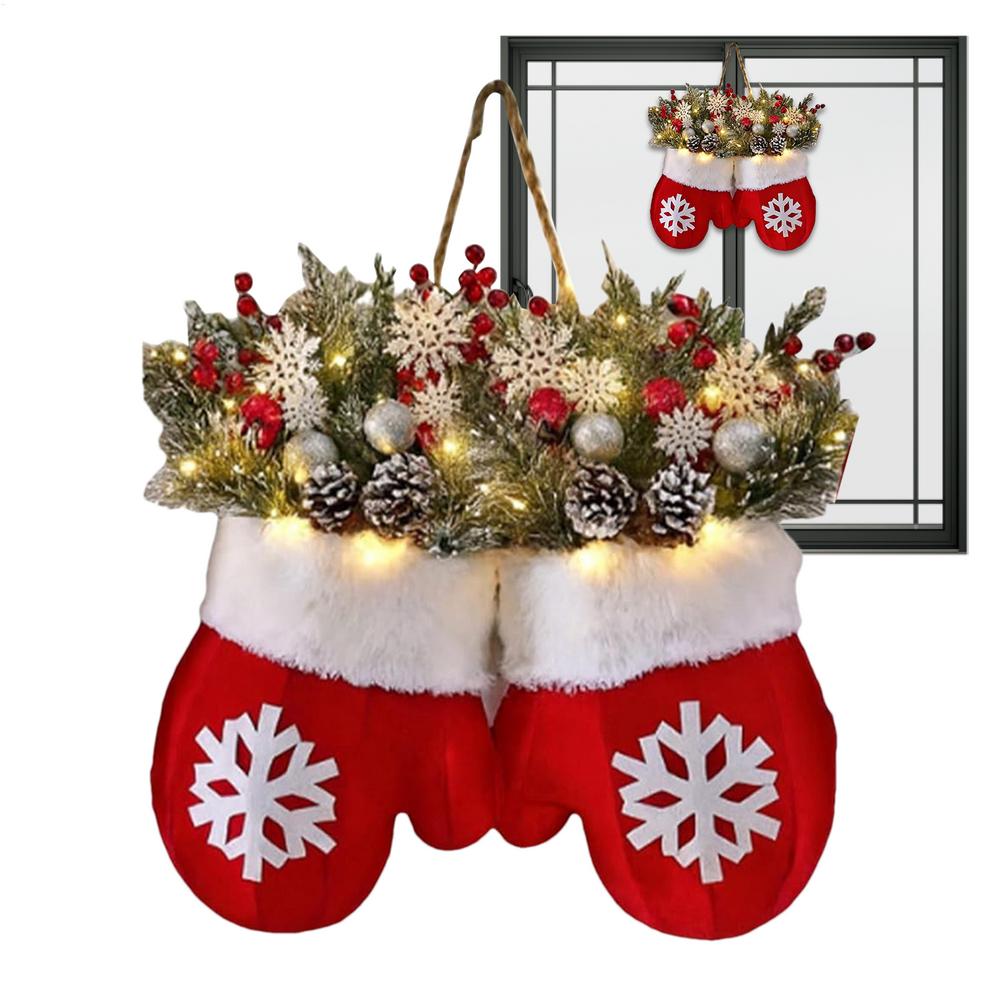 Outdoor Christmas Wreath with LED Lights – Artificial Front Door Mitten Garland with Pine Cones & Red Berries for Holiday & Winter Home Décor
