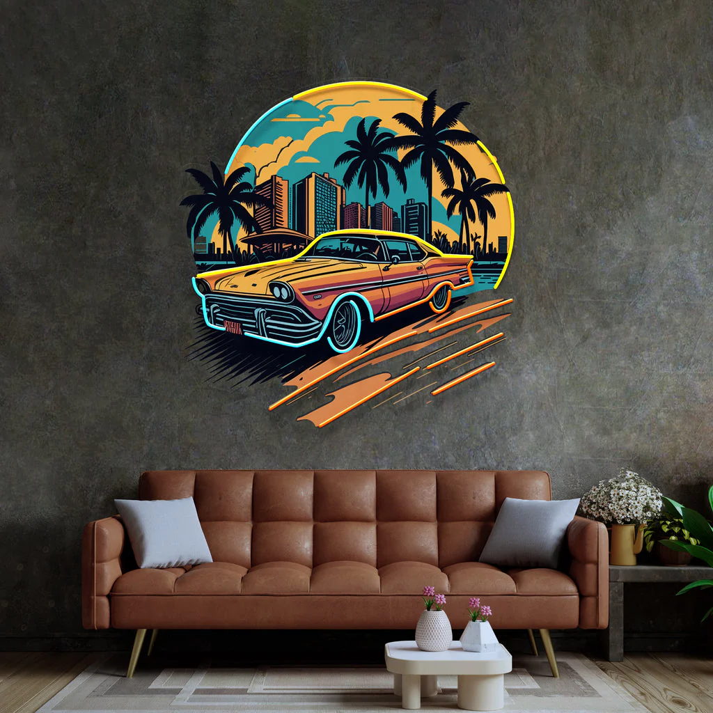 Car Sunset Neon Sign – UV-Printed LED Wall Art for Boys Bedrooms, Game Rooms, Bars and Man Caves with Scenic Night Glow