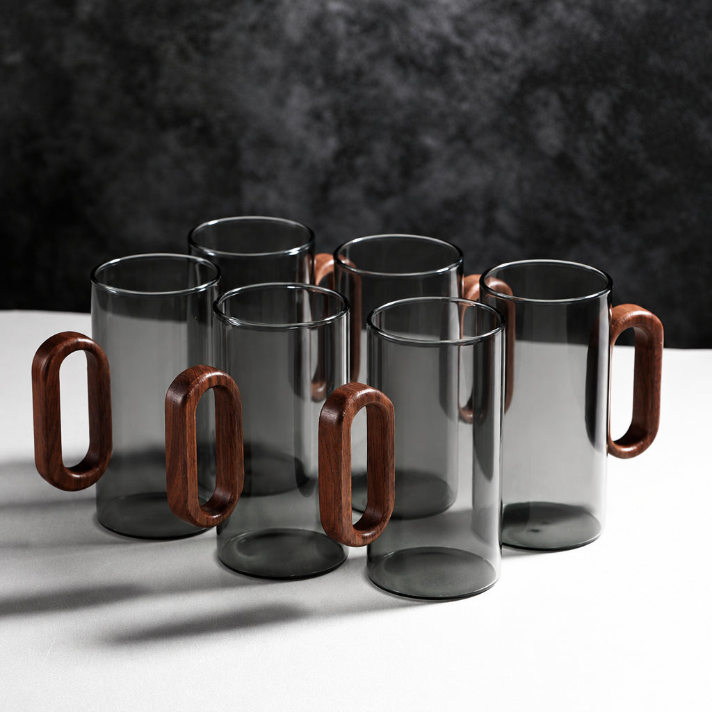 Heat-Resistant Glass Mug Set – Transparent Teacups with Wooden Handles for Coffee, Milk, Juice, Breakfast, Home Entertaining and Elegant Party Drinkware