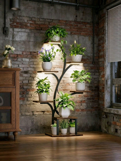 Indoor Plant Stand with Grow Lights – 8-Tier Metal and Wood Rack with Full-Spectrum Timer for Living Rooms, Bedrooms and Balconies