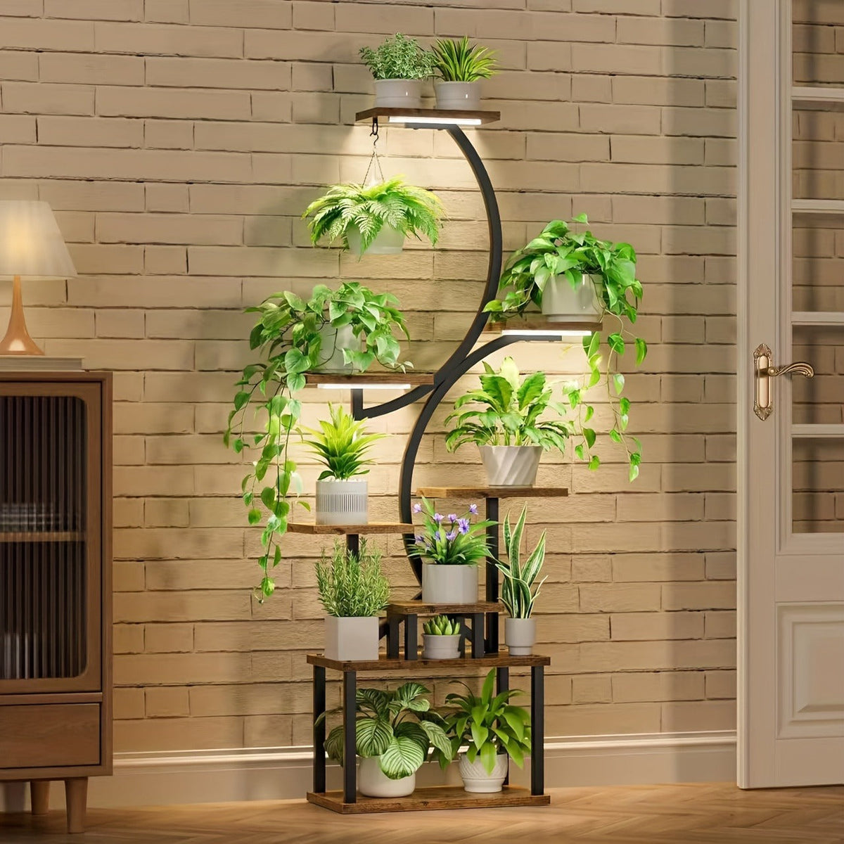 Indoor Plant Stand with Grow Lights – 8-Tier Metal and Wood Rack with Full-Spectrum Timer for Living Rooms, Bedrooms and Balconies