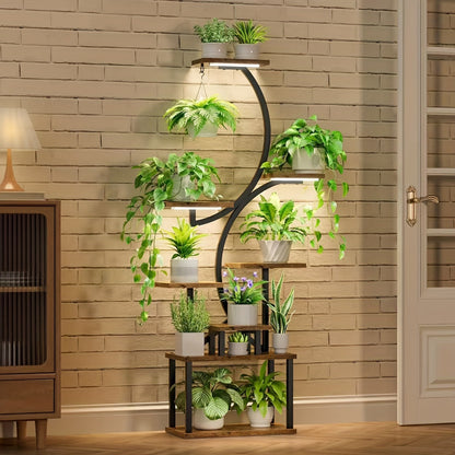 Indoor Plant Stand with Grow Lights – 8-Tier Metal and Wood Rack with Full-Spectrum Timer for Living Rooms, Bedrooms and Balconies