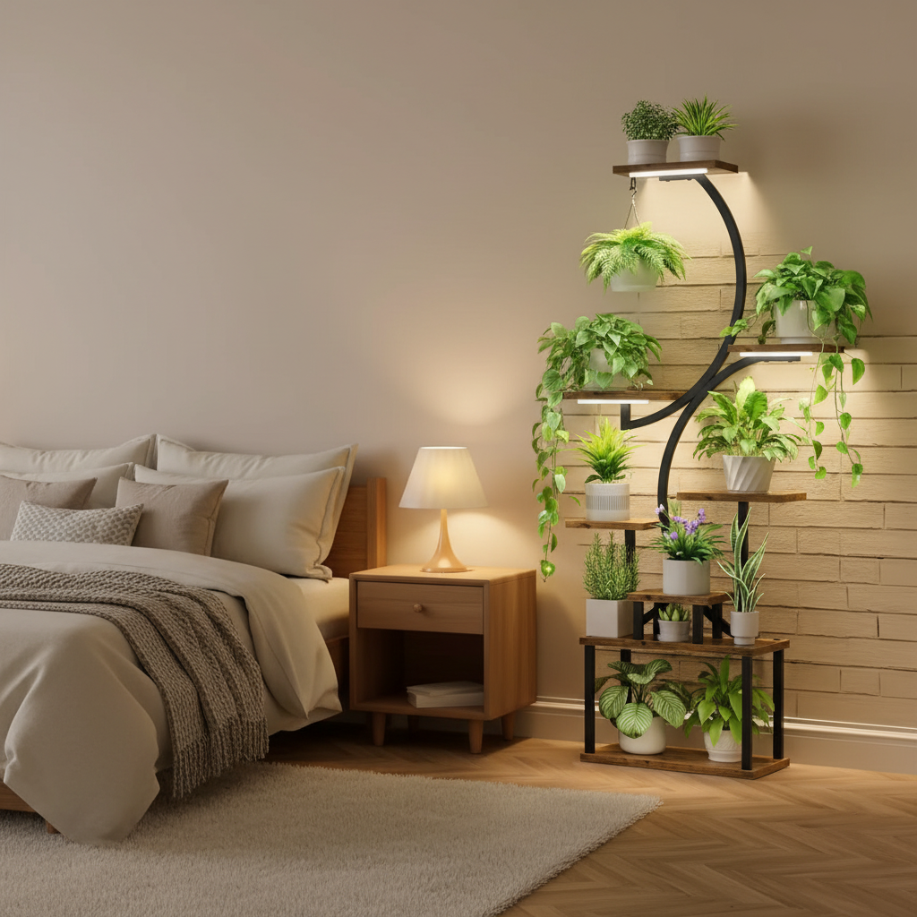 Indoor Plant Stand with Grow Lights – 8-Tier Metal and Wood Rack with Full-Spectrum Timer for Living Rooms, Bedrooms and Balconies