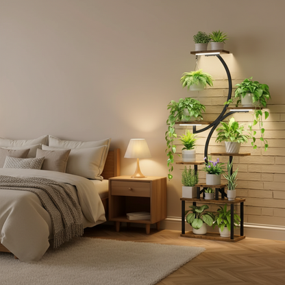 Indoor Plant Stand with Grow Lights – 8-Tier Metal and Wood Rack with Full-Spectrum Timer for Living Rooms, Bedrooms and Balconies