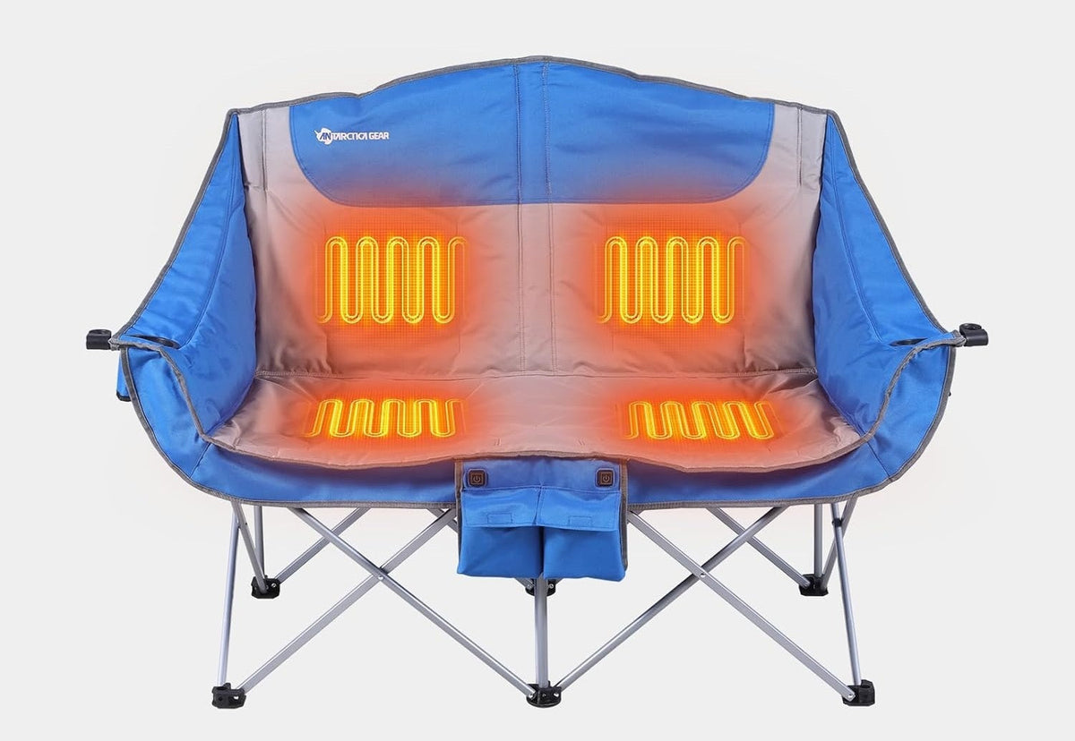 Heated Double Camping Chair – Portable Folding Loveseat with 12V 16000mAh Battery Pack, Cozy Outdoor 2-Person Seat for Festivals or Adventures