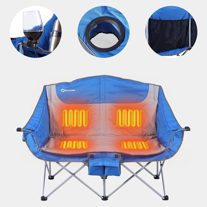 Heated Double Camping Chair – Portable Folding Loveseat with 12V 16000mAh Battery Pack, Cozy Outdoor 2-Person Seat for Festivals or Adventures