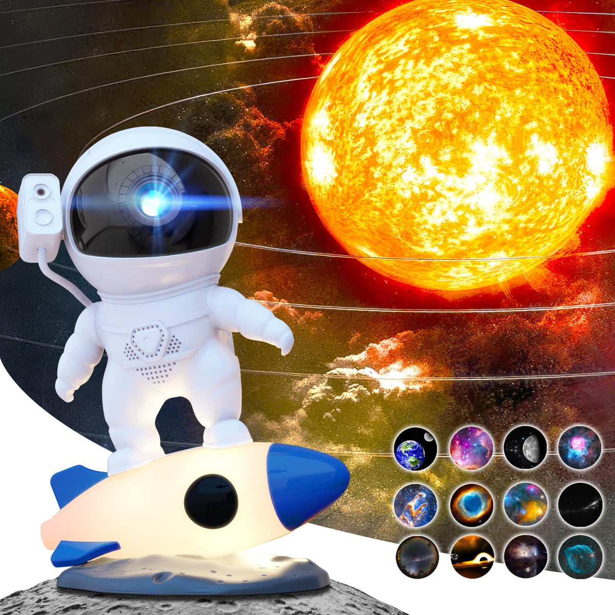 Rocket Astronaut Galaxy Projector Night Light – 360° Rotating Starry Night Lamp with 13 Films