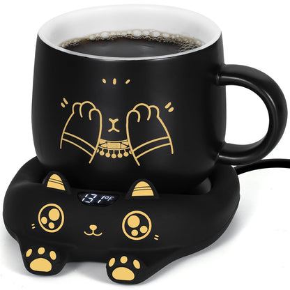 Cat Mug & Coffee Warmer Set – Auto Shut-Off Desktop Beverage Heater with Cute Mug Gift for Cat Lovers & Coffee Fans