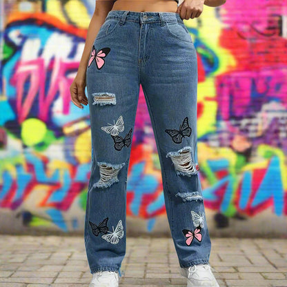 Sexy Open Crotch Butterfly Embroidered Jeans – High-Rise Wide Leg Bell Bottom Ripped Boyfriend Pants for Women