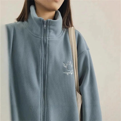 Women’s Embroidered Fleece Knit Cardigan – Open Front Zipper Hoodie with Round Neck & Long Sleeves