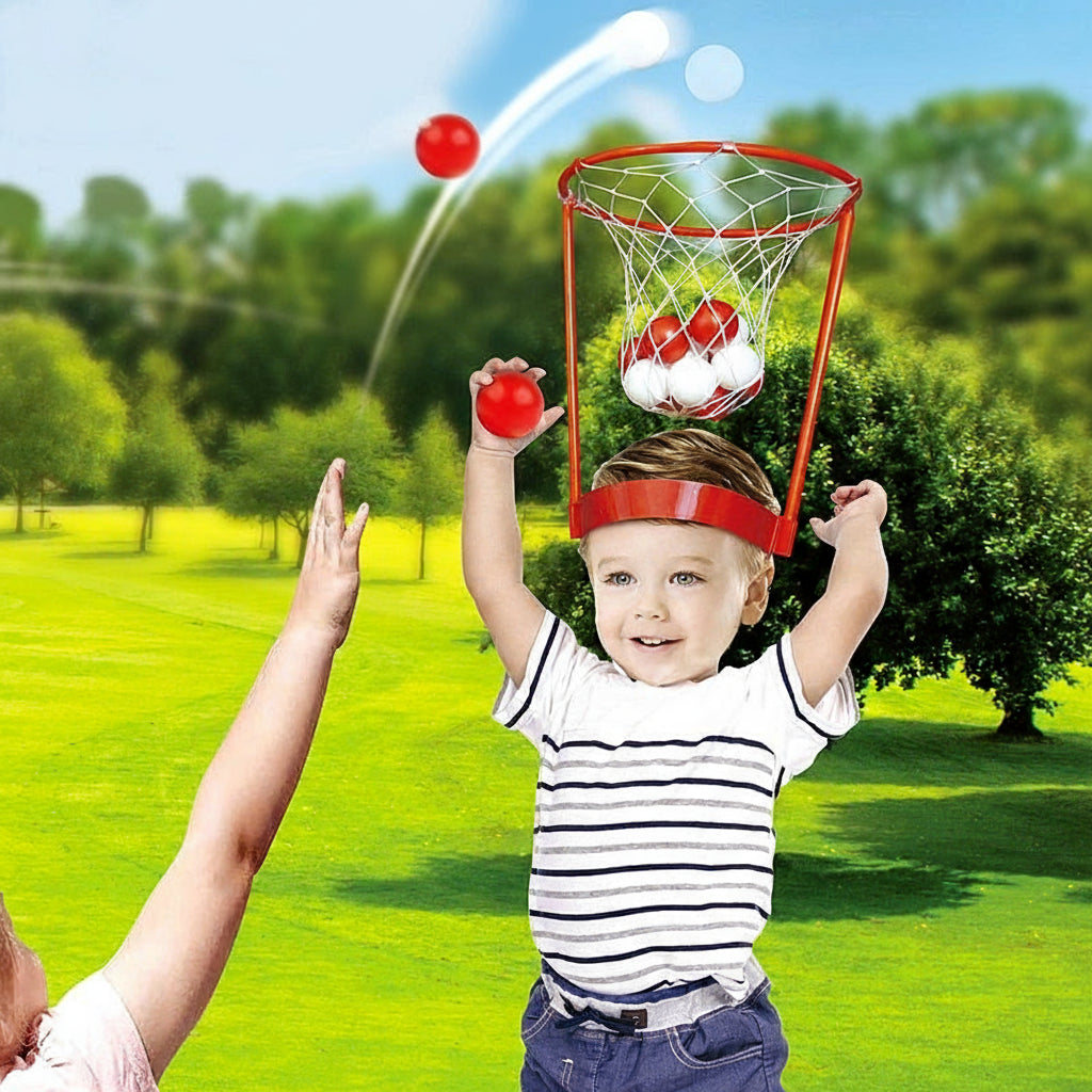 Head Hoop Basketball Party Game Set – 2 Adjustable Basket Net Headbands with 20 Balls for Family, Kids & Carnival Events