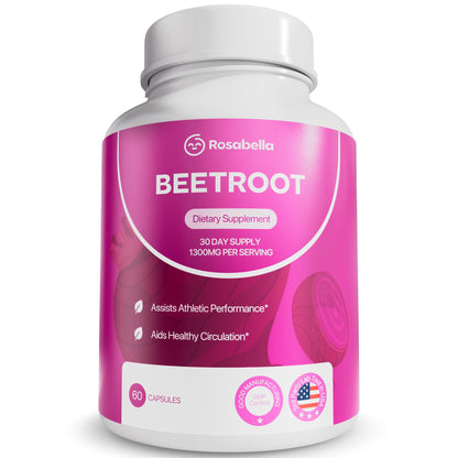 Rosabella Organic Beet Root Capsules - 1300mg Natural Energy Booster, Endurance Support, Non-GMO, Lab-Tested Supplement