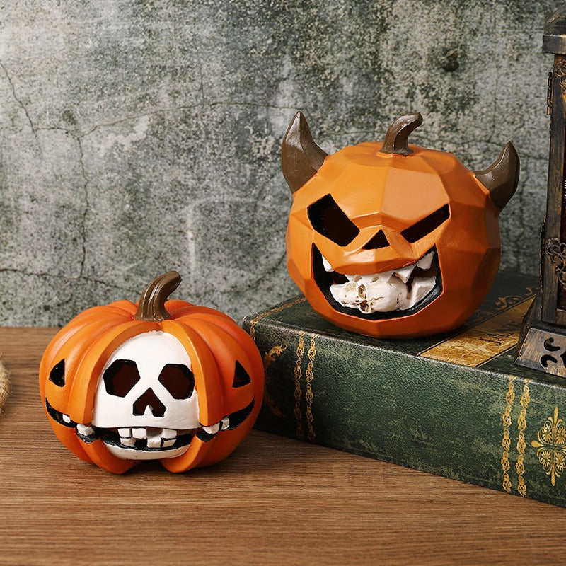 Halloween Pumpkin Skull Resin Figurine – Horror-Themed Decorative Ornament for Desktop Display, Creepy Crafts, and Festive Haunted Atmosphere Props