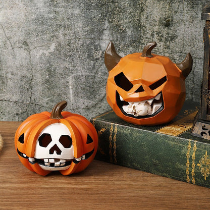 Halloween Pumpkin Skull Resin Figurine – Horror-Themed Decorative Ornament for Desktop Display, Creepy Crafts, and Festive Haunted Atmosphere Props