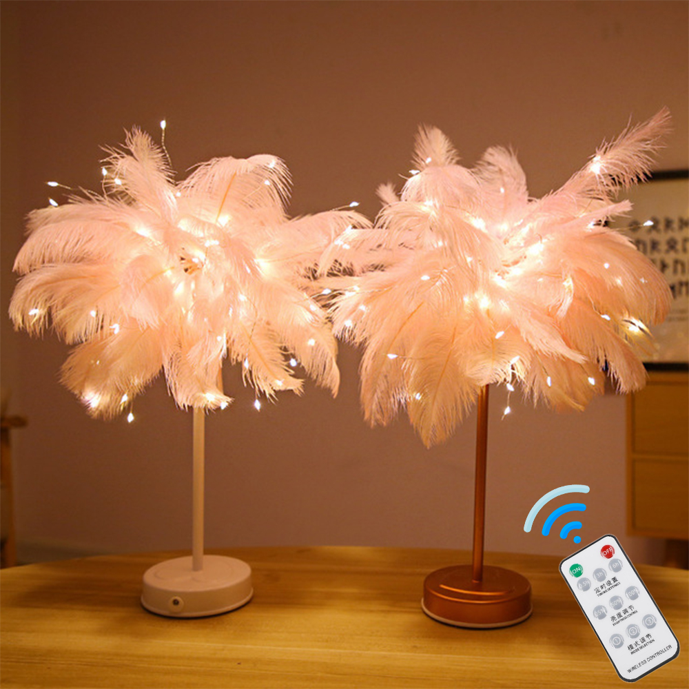 DIY Feather Table Lamp – Remote Control USB/AA Powered Warm Light Lamp for Wedding, Bedroom & Romantic Home Decor