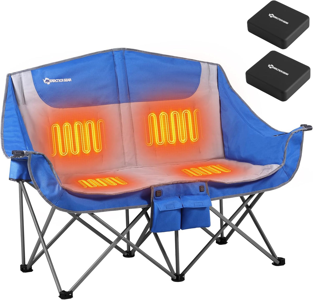 Heated Double Camping Chair – Portable Folding Loveseat with 12V 16000mAh Battery Pack, Cozy Outdoor 2-Person Seat for Festivals or Adventures