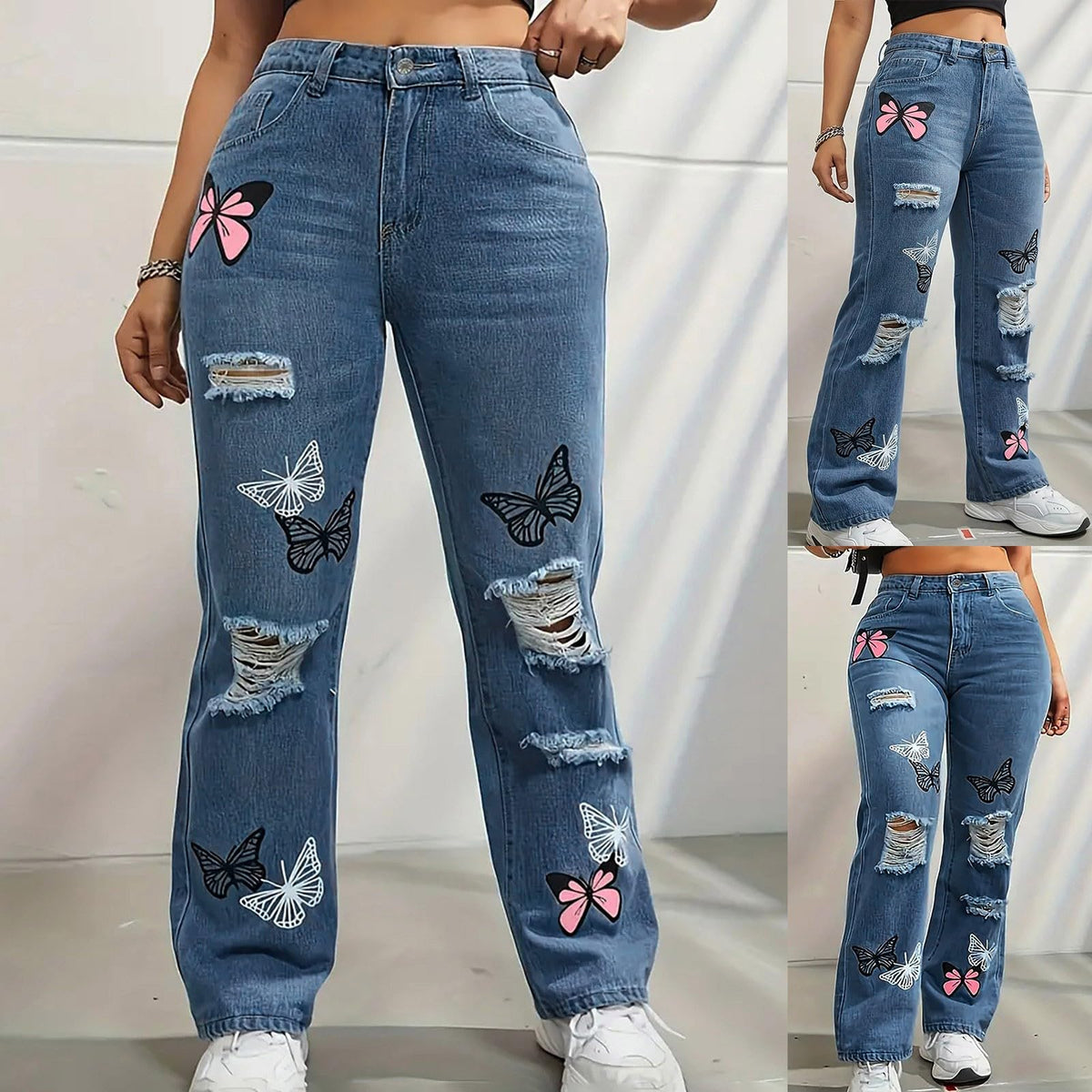 Sexy Open Crotch Butterfly Embroidered Jeans – High-Rise Wide Leg Bell Bottom Ripped Boyfriend Pants for Women
