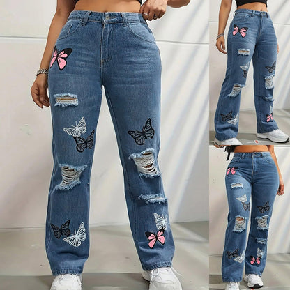 Sexy Open Crotch Butterfly Embroidered Jeans – High-Rise Wide Leg Bell Bottom Ripped Boyfriend Pants for Women