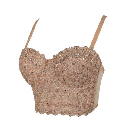 Beaded Lace Corset Crop Top – Sexy Bustier Bodice with Black Lace Detailing for Party, Clubwear, and Evening Fashion