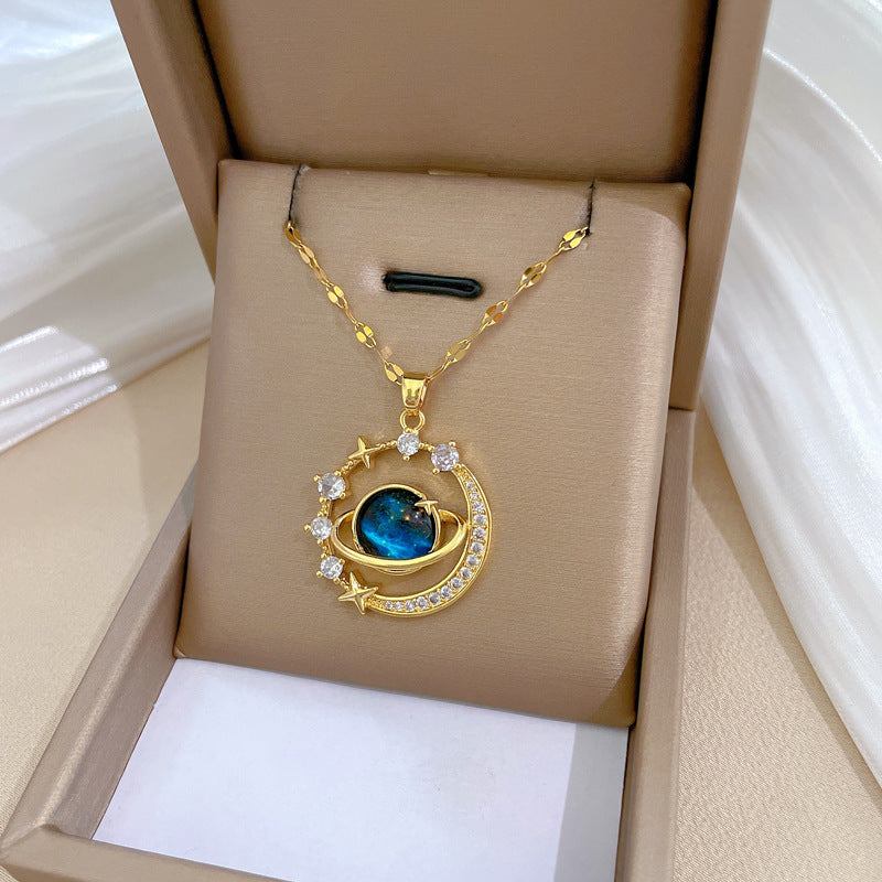 Exquisite Starry Sky Planet Light Necklace – Luxurious Stainless Steel Clavicle Chain with Gorgeous Moon and Shining Stars