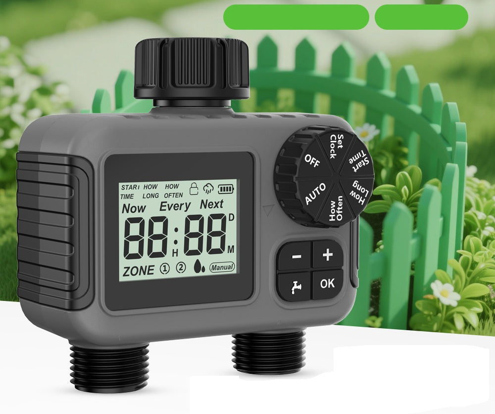 Dual-Outlet Automatic Water Timer – 3/4" IPX5 Smart Irrigation Controller with Programmable Schedule for Garden & Lawn Care