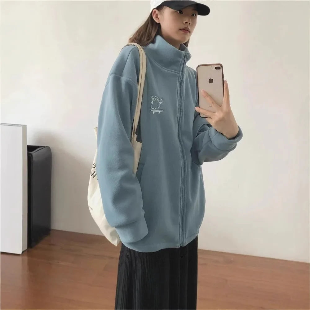 Women’s Embroidered Fleece Knit Cardigan – Open Front Zipper Hoodie with Round Neck & Long Sleeves