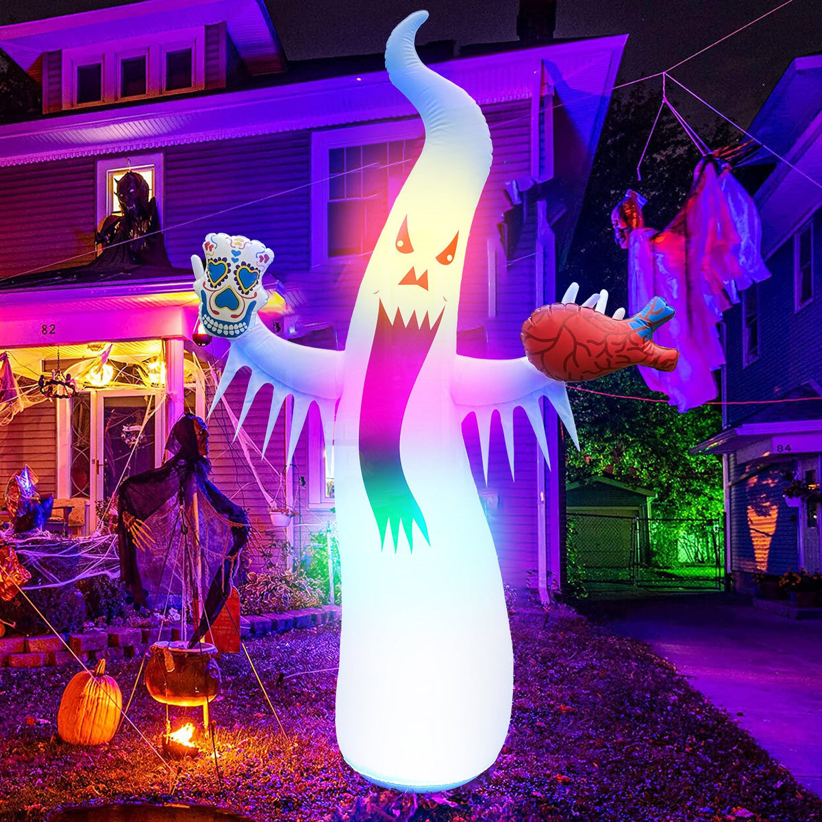 Halloween Inflatable Ghost with Remote – Luminous Flashing LED Horror Decoration for Outdoor Courtyard Haunted Houses and Spooky Party Props