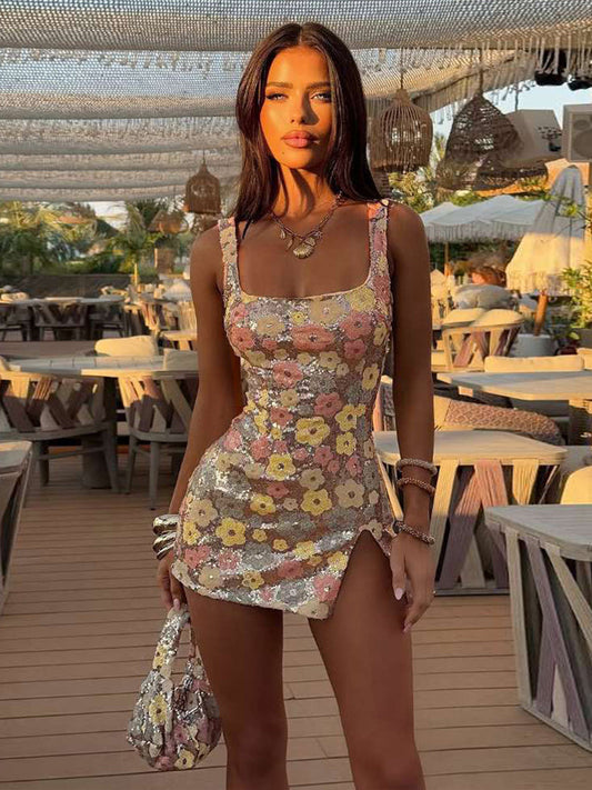 Women’s Floral Sequin Mini Dress – Colorful Sleeveless Backless Outfit for Holidays & Elegant Events