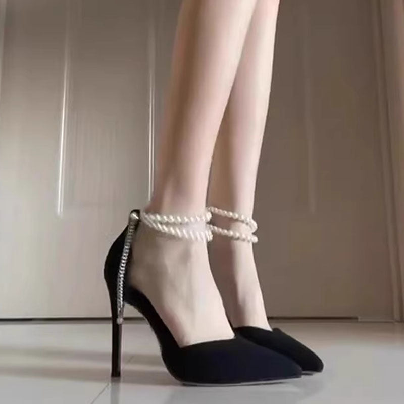 Pearl Baotou Heels – Sexy Pointed-Toe Ankle Strap Pumps for Women’s Elegant Spring & Summer Fashion