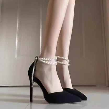Pearl Baotou Heels – Sexy Pointed-Toe Ankle Strap Pumps for Women’s Elegant Spring & Summer Fashion