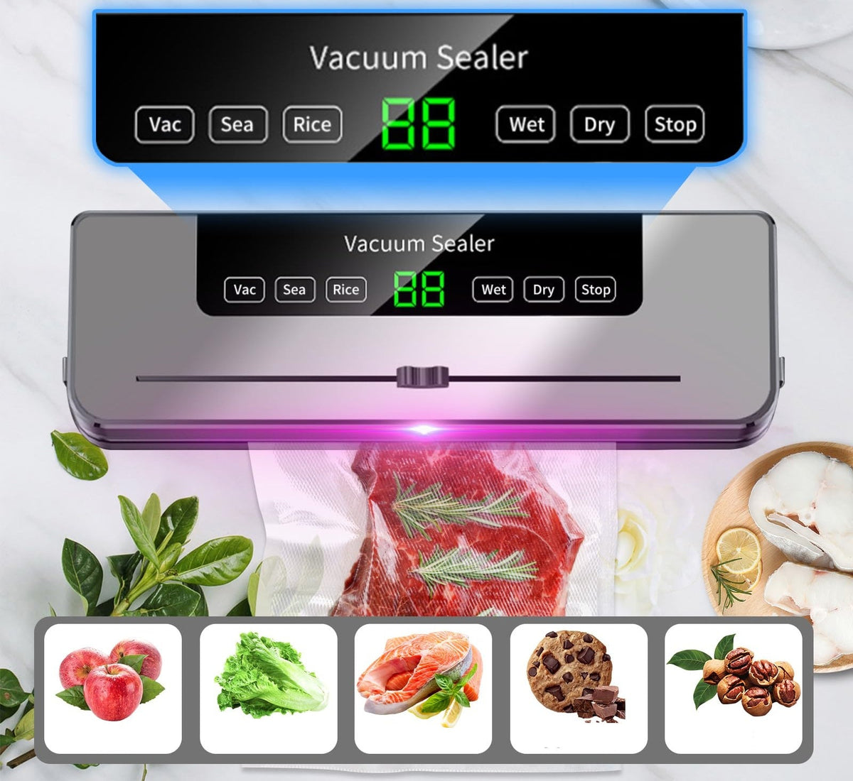 Household Vacuum Sealer Machine - Dry/Wet Food Storage Sealer with Built-in Cutter for Freshness & Kitchen Organization
