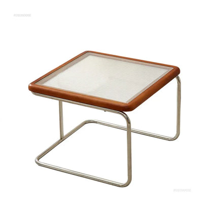 Square Stainless Steel Retro Rattan Coffee Table – Low Side Table with Glass Top for Modern Living Rooms