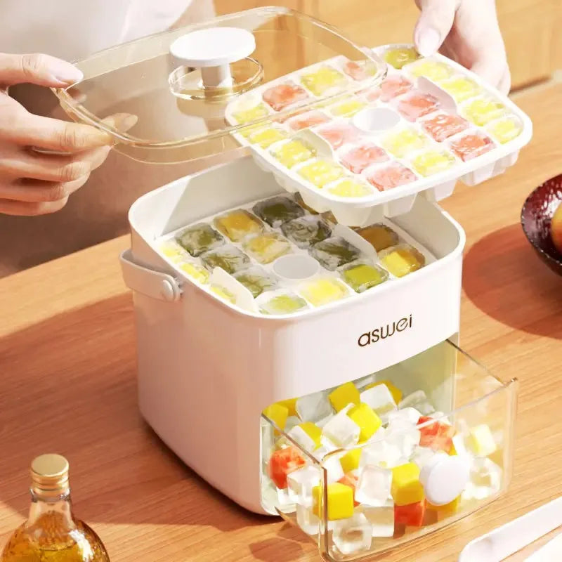Large Capacity Ice Cube Maker Box – 48-Grid Food Grade Plastic with Ice Skimmer, Double-Layer Storage for Homemade Drinks