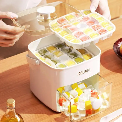 Large Capacity Ice Cube Maker Box – 48-Grid Food Grade Plastic with Ice Skimmer, Double-Layer Storage for Homemade Drinks