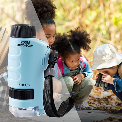 Mini LED Kids Microscope - 60-120x Handheld Pocket Science Tool for Fun STEM Learning Indoors or Outdoors