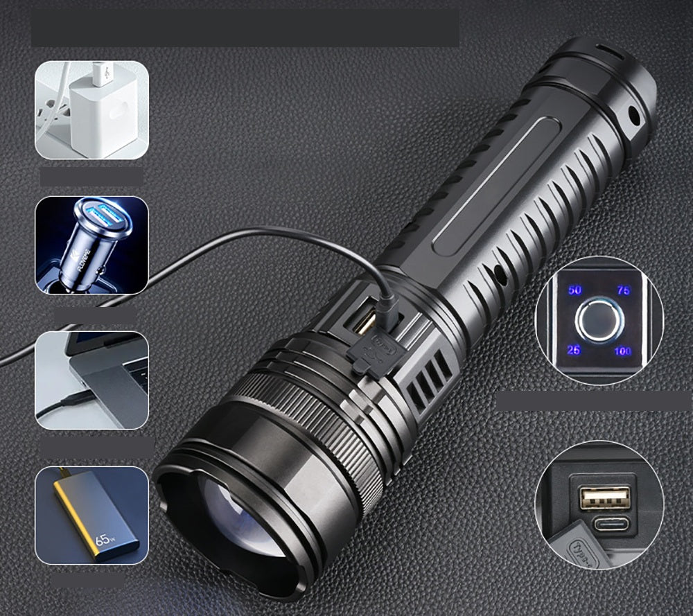 Tactical LED Flashlight – 1000W Built-in Battery Emergency Spotlight, 15000mAh Power with 9km Long-Range Beam
